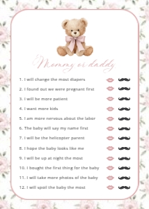 Baby Bear and Pink Flowers Set of 3 Baby Shower Games design preview
