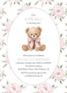 Baby Bear, Pink Flowers First Birthday Invitation, Girl Birthday, Printable File, SH236: Baby Bear and Pink Flowers First Birthday Invitation