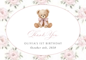 Baby Bear and Pink Flowers First Birthday Thank You Card design preview