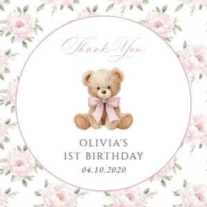 Baby Bear and Pink Flowers First Birthday Favor Tags design preview