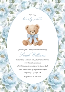 Teddy Bear and Blue Flowers Baby Shower Invitation design preview