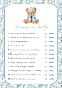 Teddy Bear and Blue Flowers Set of 3 Baby Shower Games design preview