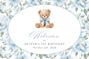 Teddy Bear, Blue Flowers Welcome Sign, Boy Birthday, Printable File, SH238, 24x36: Teddy Bear and Blue Flowers Welcome Sign - First Birthday Sign