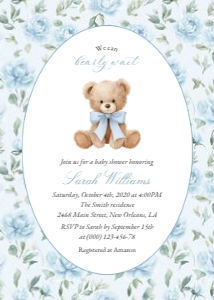 Cute Bear and Blue Flowers Baby Shower Invitation Suite design preview
