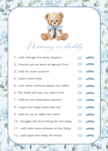 Cute Bear and Blue Flowers Set of 3 Baby Shower Games design preview
