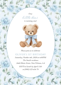 Cute Bear, Blue Flowers First Birthday Invitation, Boy Birthday, Printable File, SH240: Cute Bear and Blue Flowers First Birthday Invitation