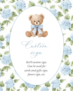 Baby Bear and Blue Flowers Custom Sign - Baby Shower Sign design preview