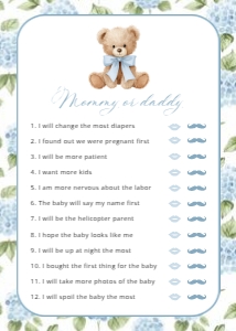 Baby Bear, Blue Flowers Baby Shower Games, Boy Baby Shower, Printable File, SH241: Baby Bear and Blue Flowers Set of 3 Baby Shower Games