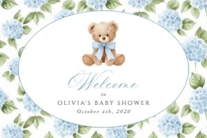 Baby Bear and Blue Flowers Welcome Sign - Baby Shower Sign design preview