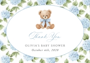 Baby Bear and Blue Flowers Baby Shower Thank You Card design preview