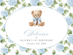 Baby Bear, Blue Flowers Welcome Sign, Boy Birthday, Printable File, SH242, 18x24: Baby Bear and Blue Flowers Welcome Sign - First Birthday Sign