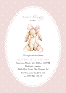 Cute Bunny and Pink Polka Dots First Birthday Invitation design preview