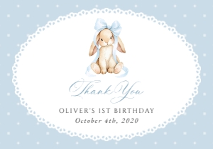 Bunny, Blue Polka Dots Thank You Card, Boy Birthday, Printable File, SH246: Cute Bunny and Blue Polka Dots First Birthday Thank You Card