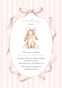 Cute Bunny and Pink Stripes First Birthday Invitation design preview