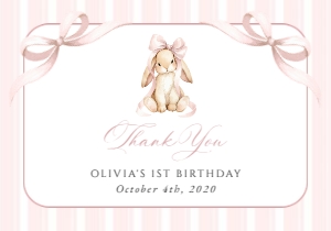 Cute Bunny and Pink Stripes First Birthday Thank You Card design preview