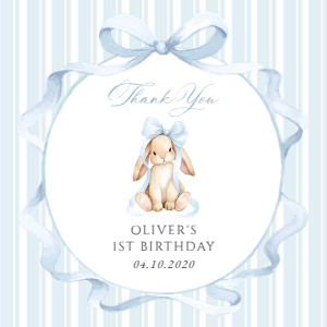 Bunny, Blue Stripes Square Favor Tags, Printable File, SH250: Cute Bunny and Blue Stripes First Birthday Favor Tags