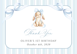Bunny, Blue Stripes Thank You Card, Boy Birthday, Printable File, SH250: Cute Bunny and Blue Stripes First Birthday Thank You Card
