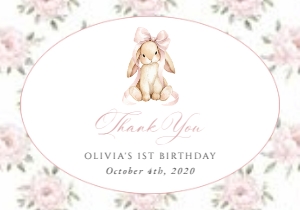 Baby Bunny and Pink Flowers First Birthday Thank You Card design preview