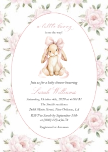 Baby Bunny and Pink Flowers Baby Shower Invitation design preview