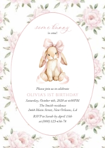 Baby Bunny, Pink Flowers First Birthday Invitation, Girl Birthday, Printable File, SH252: Baby Bunny and Pink Flowers First Birthday Invitation