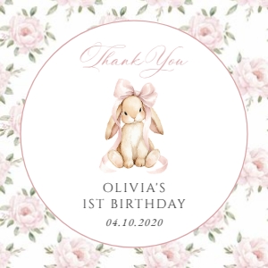 Baby Bunny, Pink Flowers Square Favor Tags, Printable File, SH252: Baby Bunny and Pink Flowers First Birthday Favor Tags