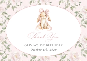 Cute Bunny, Pink Flowers Thank You Card, Girl Birthday, Printable File, SH254: Cute Bunny and Pink Flowers First Birthday Thank You Card