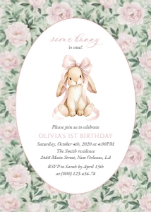 Bunny, Pink Flowers First Birthday Invitation, Girl Birthday, Printable File, SH256: Cute Bunny and Pink Flowers First Birthday Mini Bundle