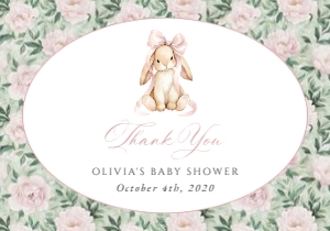Bunny, Pink Flowers Thank You Card, Girl Baby Shower, Printable File, SH255: Cute Bunny and Pink Flowers Baby Shower Mini Bundle