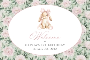 Bunny, Pink Flowers Welcome Sign, Girl Birthday, Printable File, SH256, 24x36: Cute Bunny and Pink Flowers First Birthday Mini Bundle