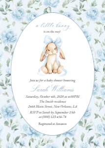 Cute Bunny, Blue Flowers Baby Shower Invitation, Boy Baby Shower, Printable File, SH257: Cute Bunny and Blue Flowers Baby Shower Invitation Suite