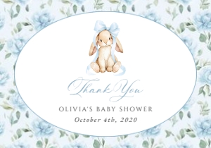 Cute Bunny and Blue Flowers Baby Shower Thank You Card design preview