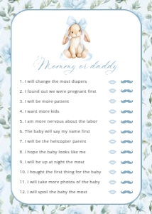 Cute Bunny and Blue Flowers Set of 3 Baby Shower Games design preview