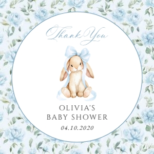 Cute Bunny, Blue Flowers Square Favor Tags, Printable File, SH257: Cute Bunny and Blue Flowers Baby Shower Favor Tags