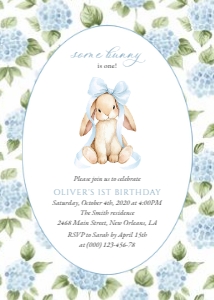 Baby Bunny, Blue Flowers First Birthday Invitation, Boy Birthday, Printable File, SH260: Baby Bunny and Blue Flowers First Birthday Invitation