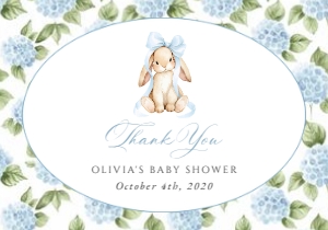Baby Bunny and Blue Flowers Baby Shower Thank You Card design preview