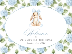 Baby Bunny, Blue Flowers Welcome Sign, Boy Birthday, Printable File, SH260, 18x24: Baby Bunny and Blue Flowers First Birthday Mini Bundle