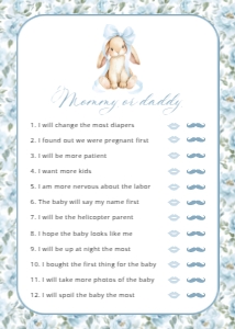 Cute Bunny and Blue Flowers Set of 3 Baby Shower Games design preview