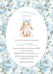 Cute Bunny and Blue Flowers Baby Shower Invitation Suite design preview
