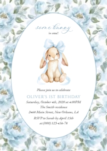 Bunny, Blue Flowers First Birthday Invitation, Boy Birthday, Printable File, SH262: Cute Bunny and Blue Flowers First Birthday Invitation