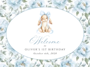 Bunny, Blue Flowers Welcome Sign, Boy Birthday, Printable File, SH262, 18x24: Cute Bunny and Blue Flowers First Birthday Mini Bundle