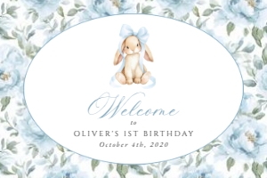 Bunny, Blue Flowers Welcome Sign, Boy Birthday, Printable File, SH262, 24x36: Cute Bunny and Blue Flowers First Birthday Mini Bundle