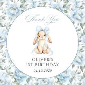 Bunny, Blue Flowers Square Favor Tags, Printable File, SH262: Cute Bunny and Blue Flowers First Birthday Mini Bundle
