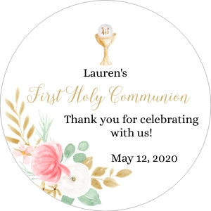 FCG001 2-inch Round Tag: Editable Printable First Communion Favor Tag Girl • Round Blush Pink Gold Floral • Chalice and Host Thank You Stickers • FCG001