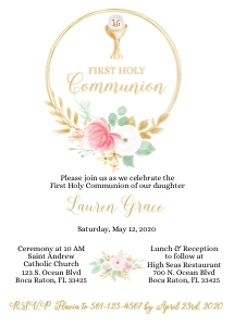 Editable Printable First Communion Invitation Girl • Blush Pink and Gold Floral • Chalice and Host Invitation for First Communion • FCG001 design preview