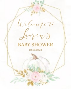 PUM1 - 8x10 Welcome: Sweet Little Pumpkin Baby Shower Welcome Sign • Editable • White Pumpkin, Pink Flowers, Gold Frame • BSG001