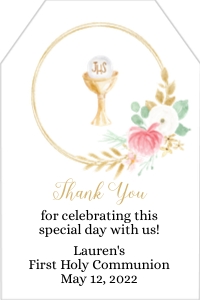 FCG001 - 2x3 - Pennant Tag - Chalice: First Communion Favor Tag Girl • 2x3 Blush Pink Gold Floral • Chalice and Host • FCG001