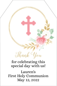FCG001 - 2x3 - Pennant Favor Tag - Cross: First Communion Favor Tag Girl • 2x3 Blush Pink Gold Floral • Pink Cross • FCG001