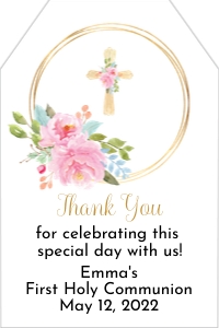 FCG002 - 2X3 Pennant Tag: First Communion Favor Tag Girl • 2x3 Pennant Blush Pink Gold Floral • Wooden Cross • FCG002