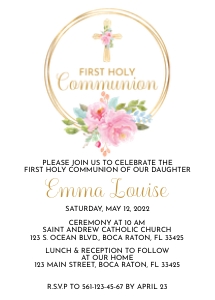 First Communion Invitation Girl Editable Printable • Pink and Gold Floral • Wood Cross and Flowers • FCG002 design preview