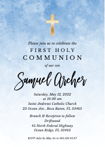 First Communion Invitation Boy  • Elegant and Simple • Ombre Blue Watercolor • Gold Cross • FCB002 design preview